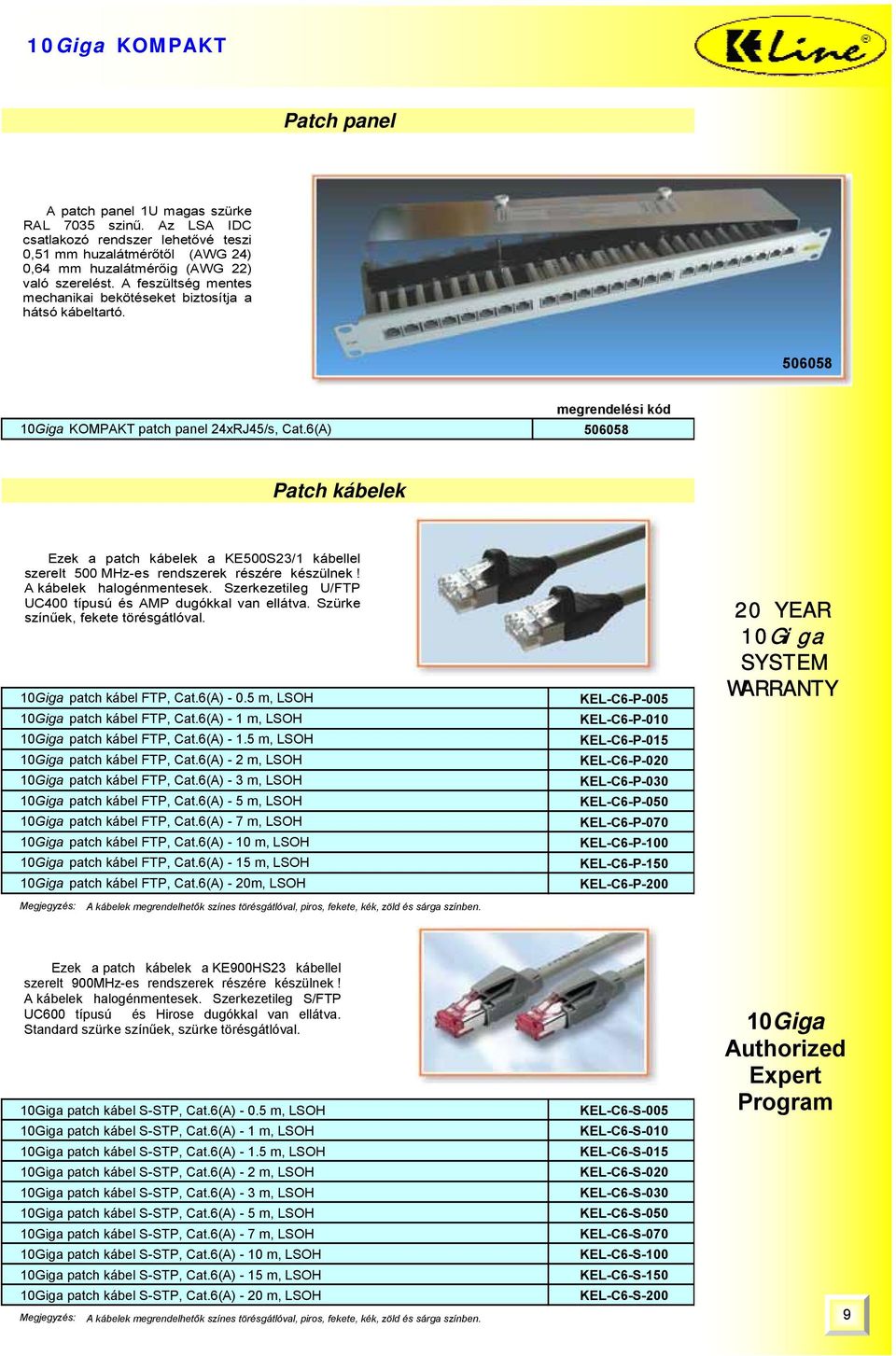 6(A) 506058 Patch kábelek Ezek a patch kábelek a KE500S23/1 kábellel szerelt 500 MHz-es rendszerek részére készülnek! A kábelek halogénmentesek.