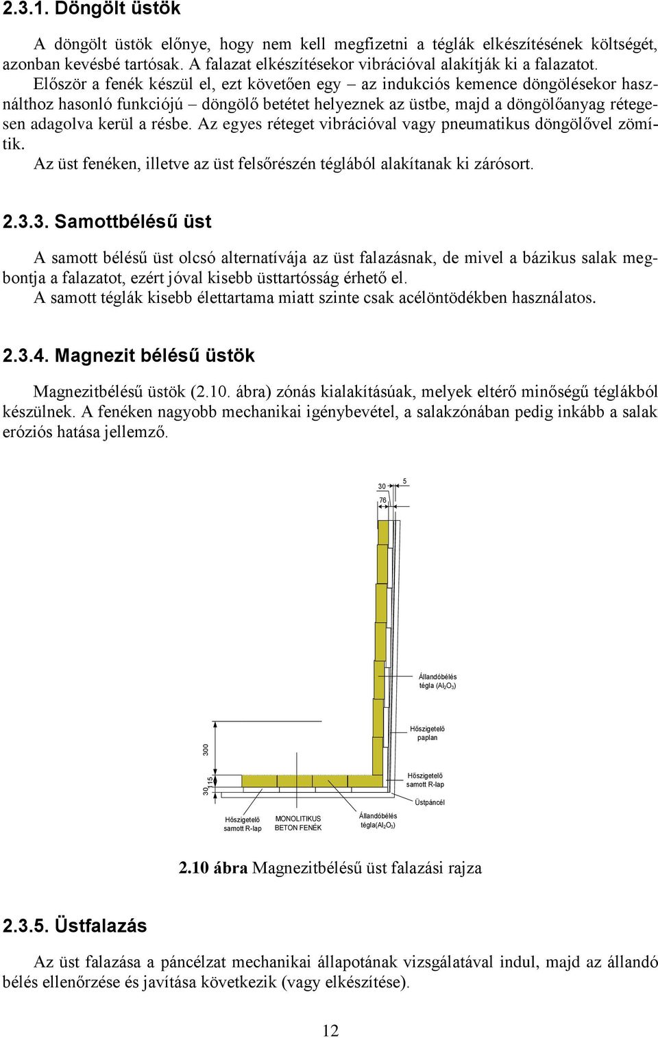 Először a fenék készül el, ezt követően egy az indukciós kemence döngölésekor használthoz hasonló funkciójú döngölő betétet helyeznek az üstbe, majd a döngölőanyag rétegesen adagolva kerül a résbe.