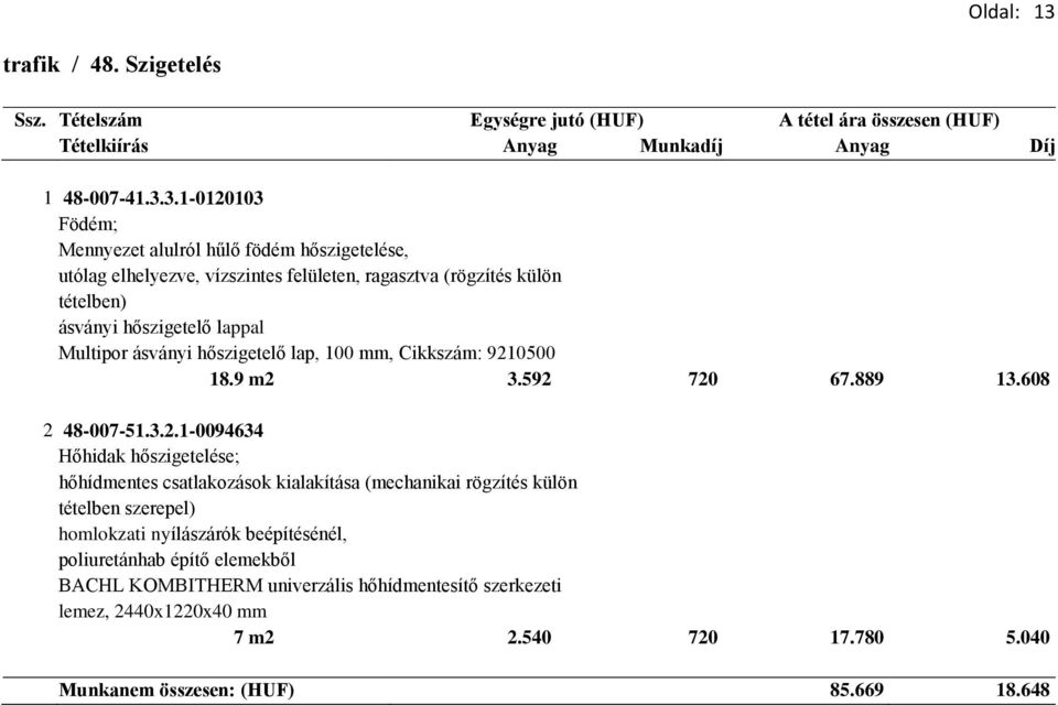 3.1-0120103 Födém; Mennyezet alulról hűlő födém hőszigetelése, utólag elhelyezve, vízszintes felületen, ragasztva (rögzítés külön tételben) ásványi hőszigetelő