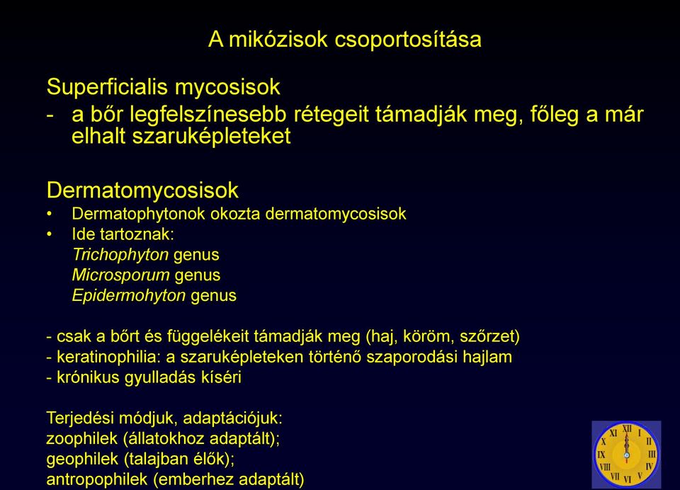 a bőrt és függelékeit támadják meg (haj, köröm, szőrzet) - keratinophilia: a szaruképleteken történő szaporodási hajlam - krónikus