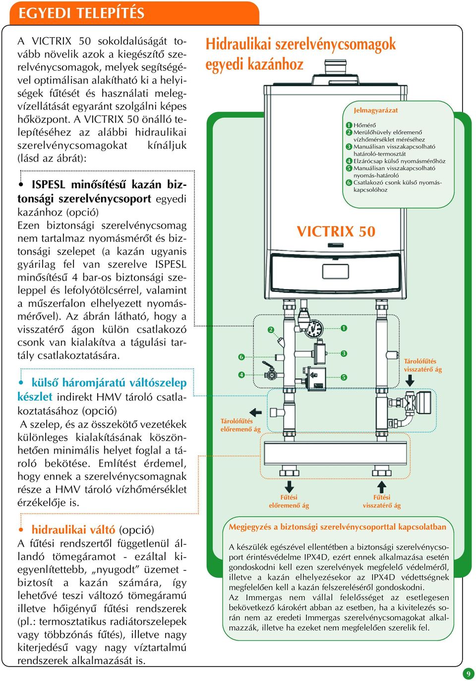 A VICTRIX 50 önálló telepítéséhez az alábbi hidraulikai szerelvénycsomagokat kínáljuk (lásd az ábrát): ISPESL minôsítésû kazán biztonsági szerelvénycsoport egyedi kazánhoz (opció) Ezen biztonsági