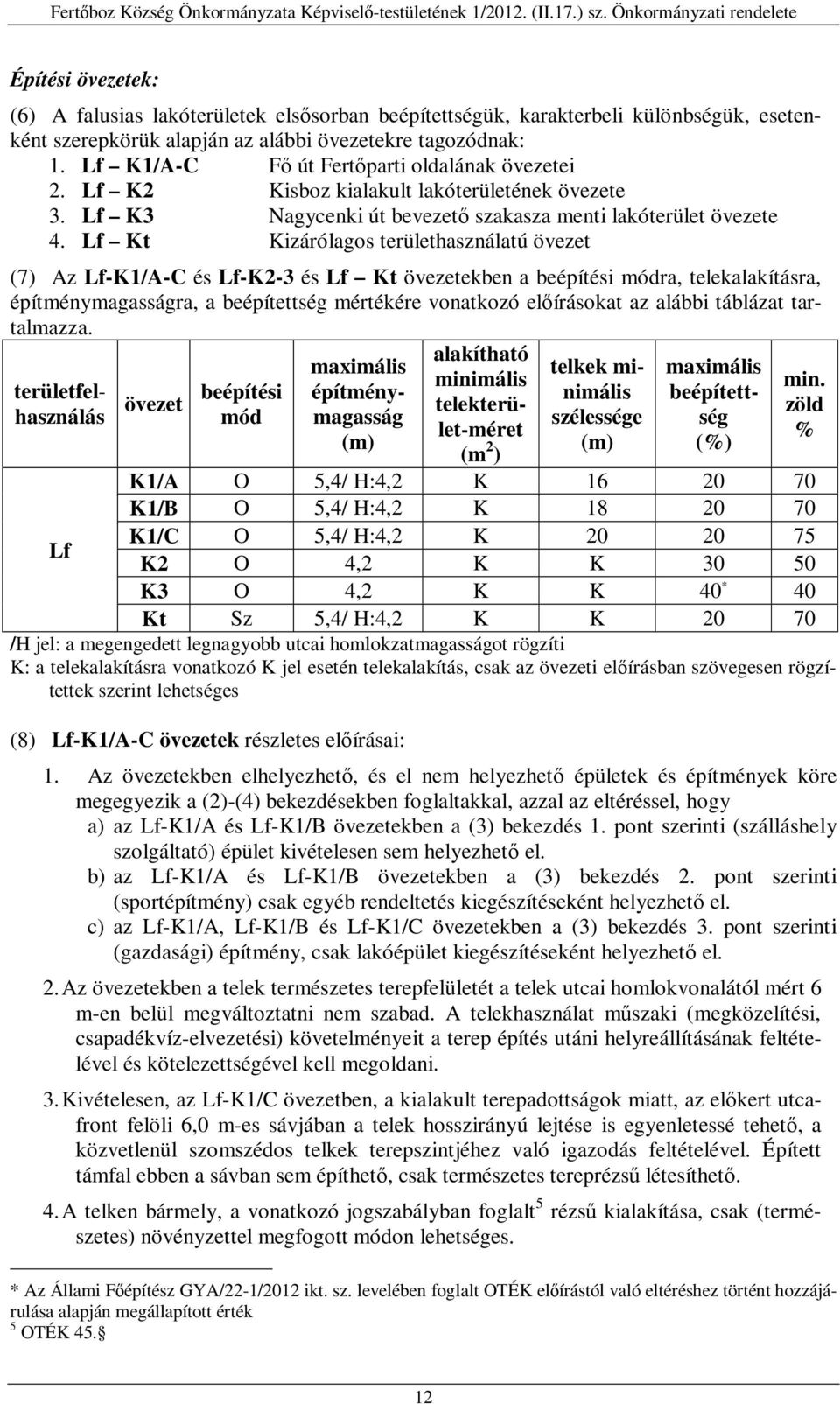 Lf Kt Kizárólagos területhasználatú övezet (7) Az Lf-K1/A-C és Lf-K2-3 és Lf Kt övezetekben a beépítési módra, telekalakításra, építménymagasságra, a beépítettség mértékére vonatkozó előírásokat az