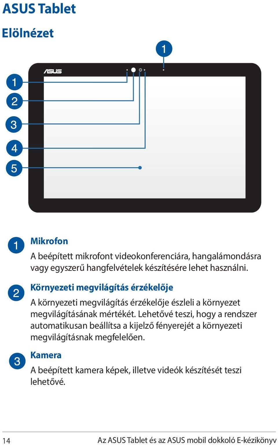 Környezeti megvilágítás érzékelője A környezeti megvilágítás érzékelője észleli a környezet megvilágításának mértékét.