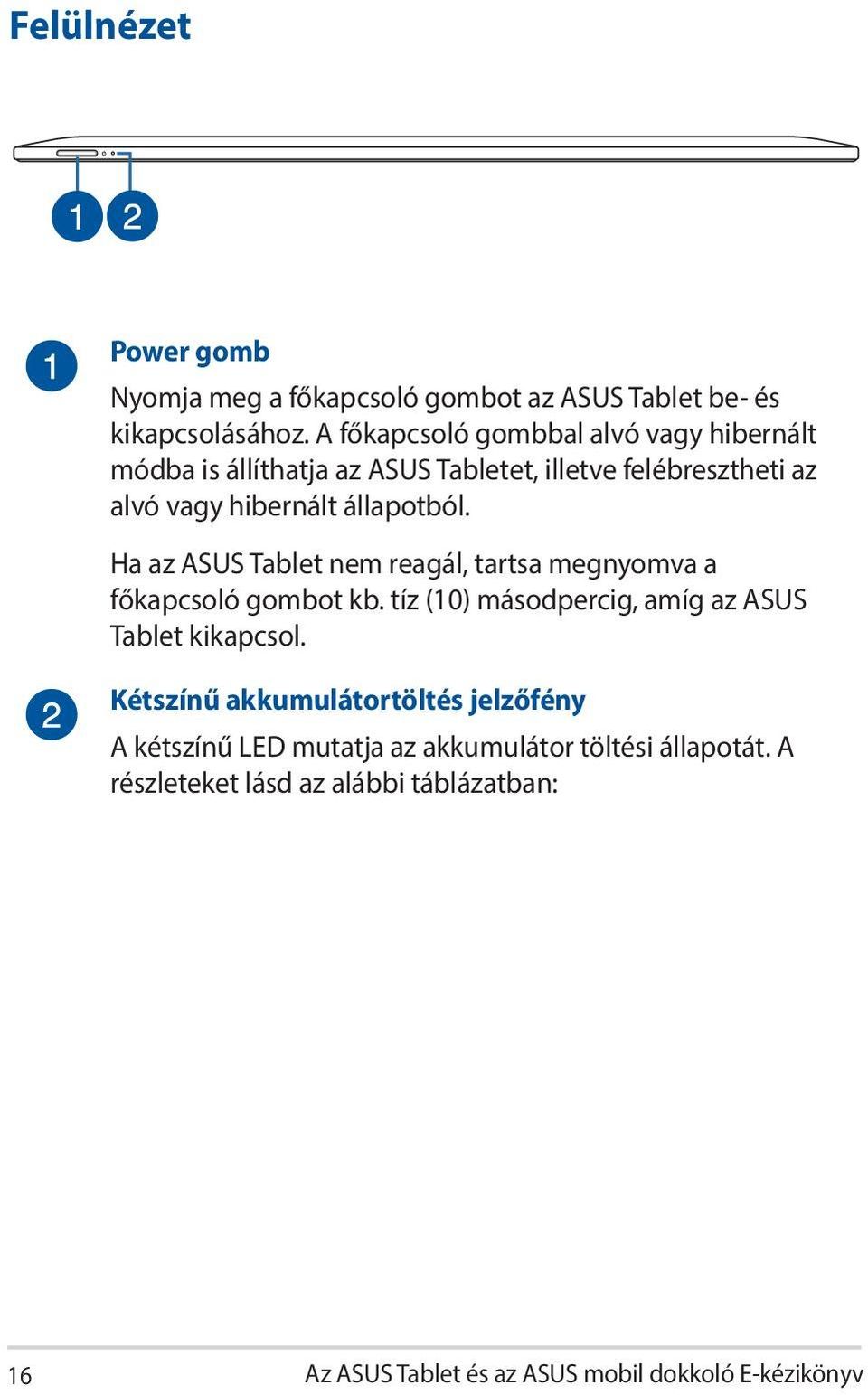 Ha az ASUS Tablet nem reagál, tartsa megnyomva a főkapcsoló gombot kb. tíz (10) másodpercig, amíg az ASUS Tablet kikapcsol.