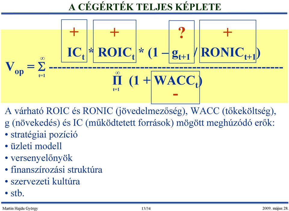 ------------------------------------------------------ t=1 Π (1 + WACC t ) t=1 A várható ROIC és RONIC