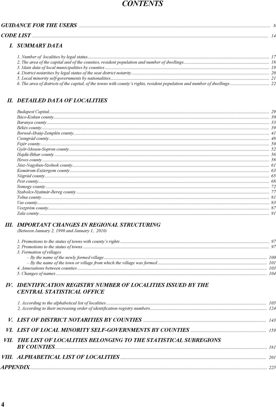 The area of districts of the capital, of the towns with county s rights, resident population and of dwellings... 22 II. DETAILED DATA OF LOCALITIES Budapest Capital... 29 Bács-Kiskun county.