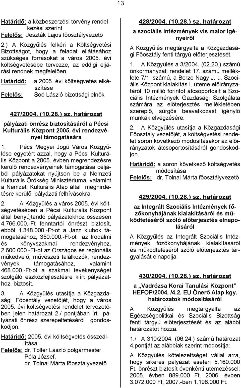 Határidő: Felelős: a 2005. évi költségvetés elkészítése Soó László bizottsági elnök 427/2004. (10.28.) sz. határozat pályázati önrész biztosításáról a Pécsi Kulturális Központ 2005.