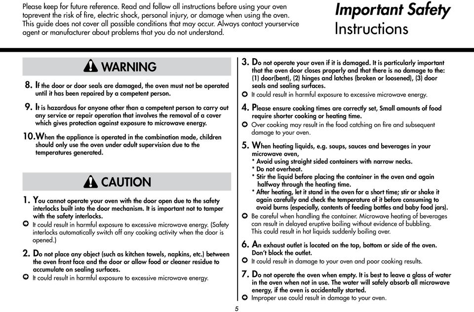 If the door or door seals are damaged, the oven must not be operated until it has been repaired by a competent person. 3. Do not operate your oven if it is damaged.