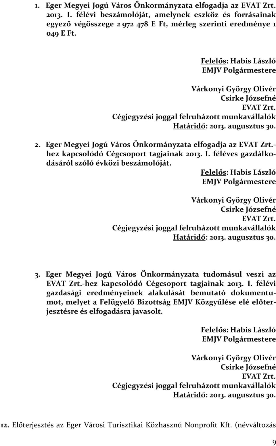 13. augusztus 30. 2. Eger Megyei Jogú Város Önkormányzata elfogadja az EVAT Zrt.- hez kapcsolódó Cégcsoport tagjainak 2013. I. féléves gazdálkodásáról szóló évközi beszámolóját. 13. augusztus 30. 3. Eger Megyei Jogú Város Önkormányzata tudomásul veszi az EVAT Zrt.