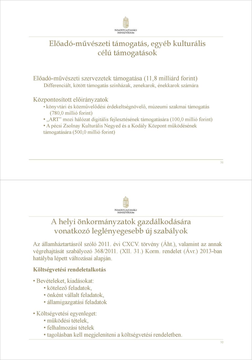 A pécsi Zsolnay Kulturális Negyed és a Kodály Központ működésének támogatására (500,0 millió forint) 31 A helyi önkormányzatok gazdálkodására vonatkozó leglényegesebb új szabályok Az