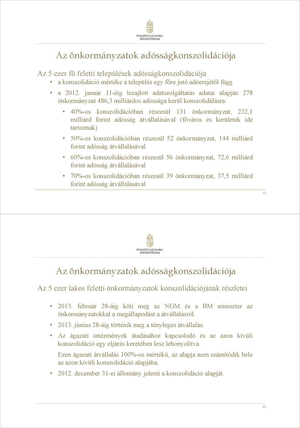 adósság átvállalásával (főváros és kerületek ide tartoznak) 50%-os konszolidációban részesül 52 önkormányzat, 144 milliárd forint adósság átvállalásával 60%-os konszolidációban részesül 56