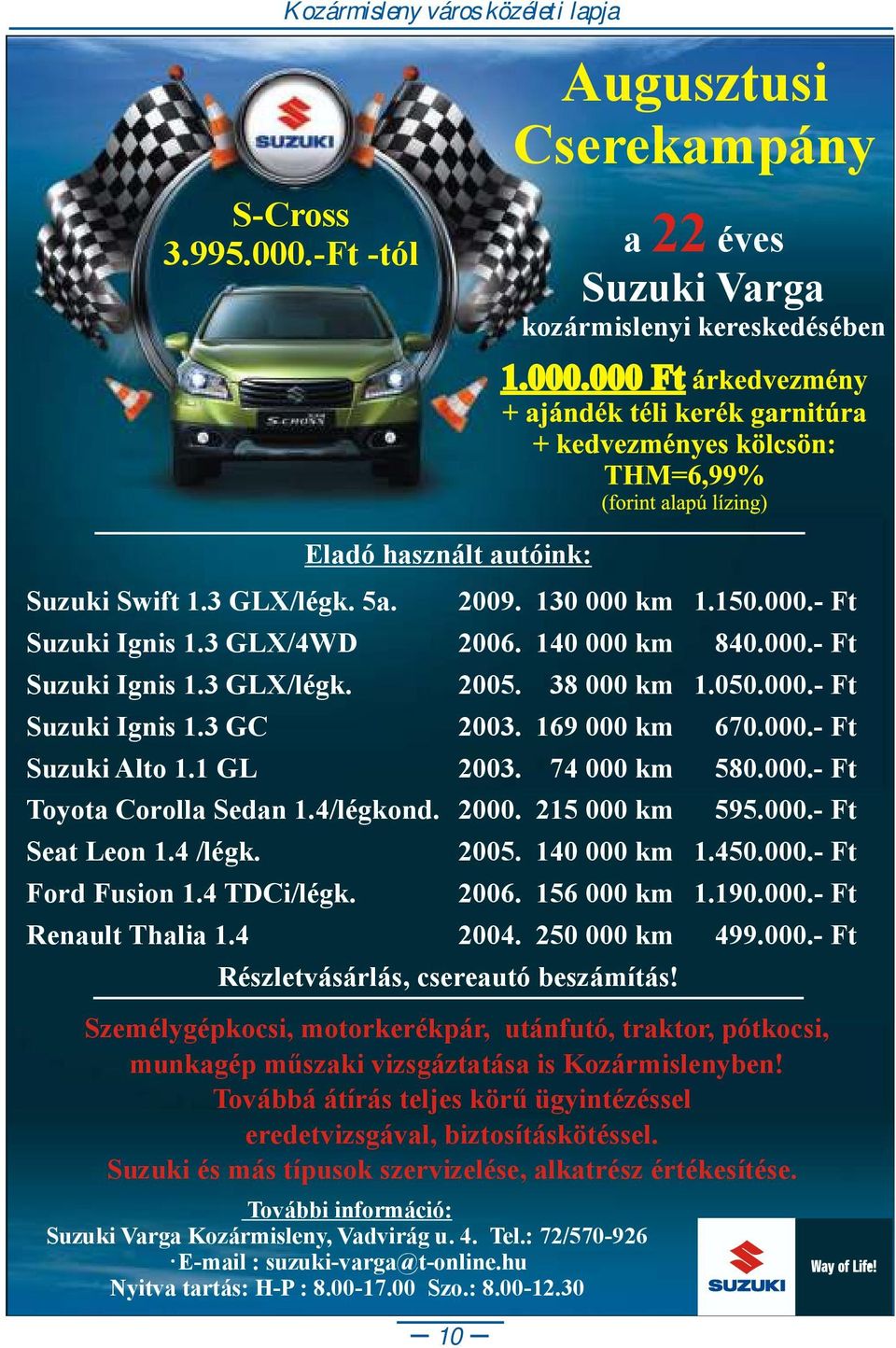 130 000 km 1.150.000.- Ft Suzuki Ignis 1.3 GLX/4WD 2006. 140 000 km 840.000.- Ft Suzuki Ignis 1.3 GLX/légk. 2005. 38 000 km 1.050.000.- Ft Suzuki Ignis 1.3 GC 2003. 169 000 km 670.000.- Ft Suzuki Alto 1.