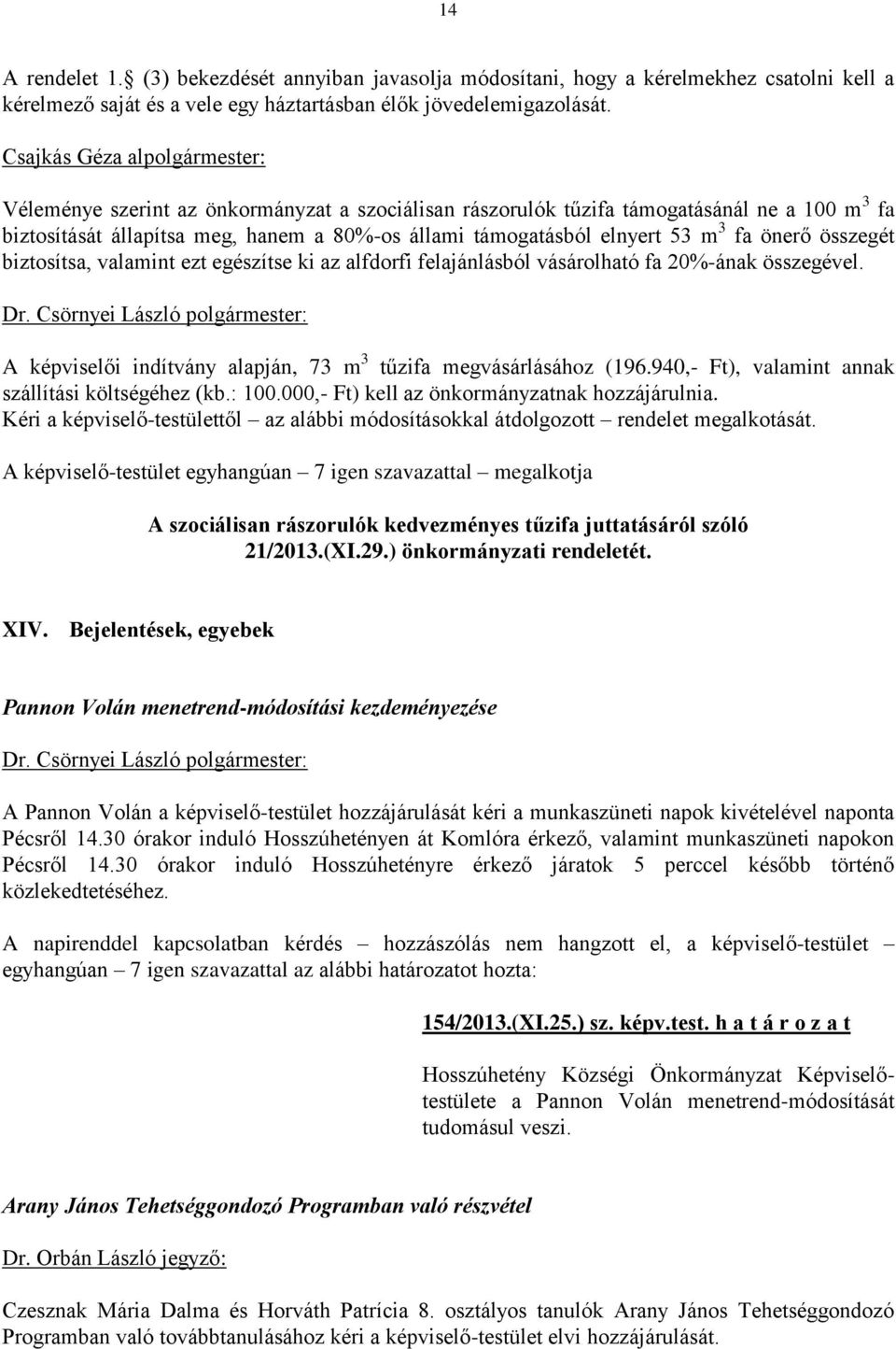 m 3 fa önerő összegét biztosítsa, valamint ezt egészítse ki az alfdorfi felajánlásból vásárolható fa 20%-ának összegével. A képviselői indítvány alapján, 73 m 3 tűzifa megvásárlásához (196.