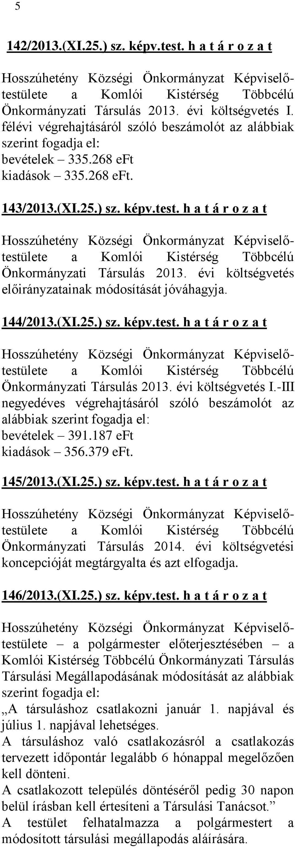 h a t á r o z a t a Komlói Kistérség Többcélú Önkormányzati Társulás 2013. évi költségvetés előirányzatainak módosítását jóváhagyja. 144/2013.(XI.25.) sz. képv.test.