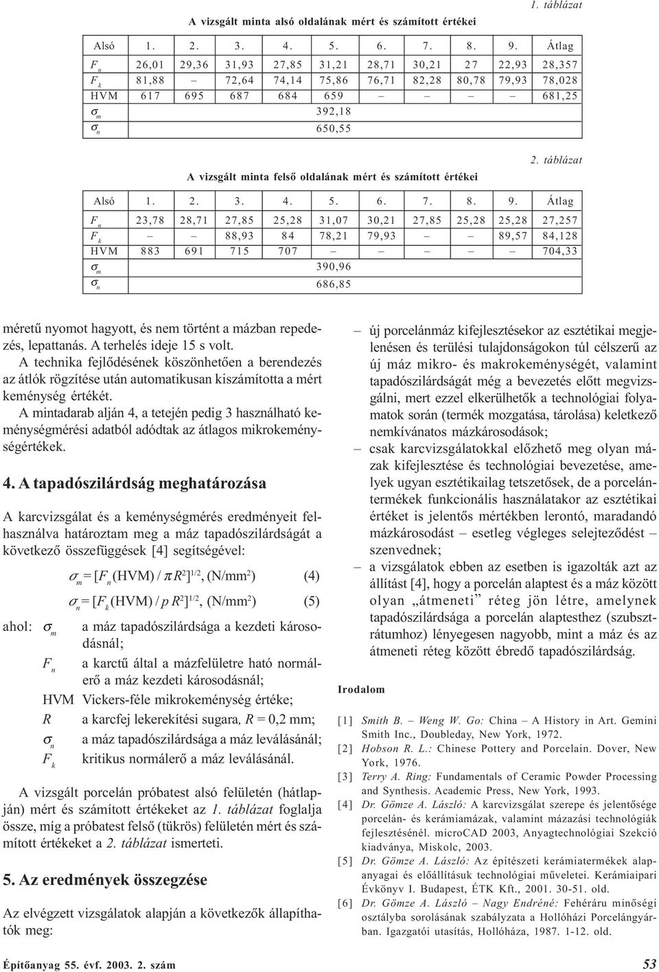 oldalának mért és számított értékei 2. táblázat Alsó 1. 2. 3. 4. 5. 6. 7. 8. 9.