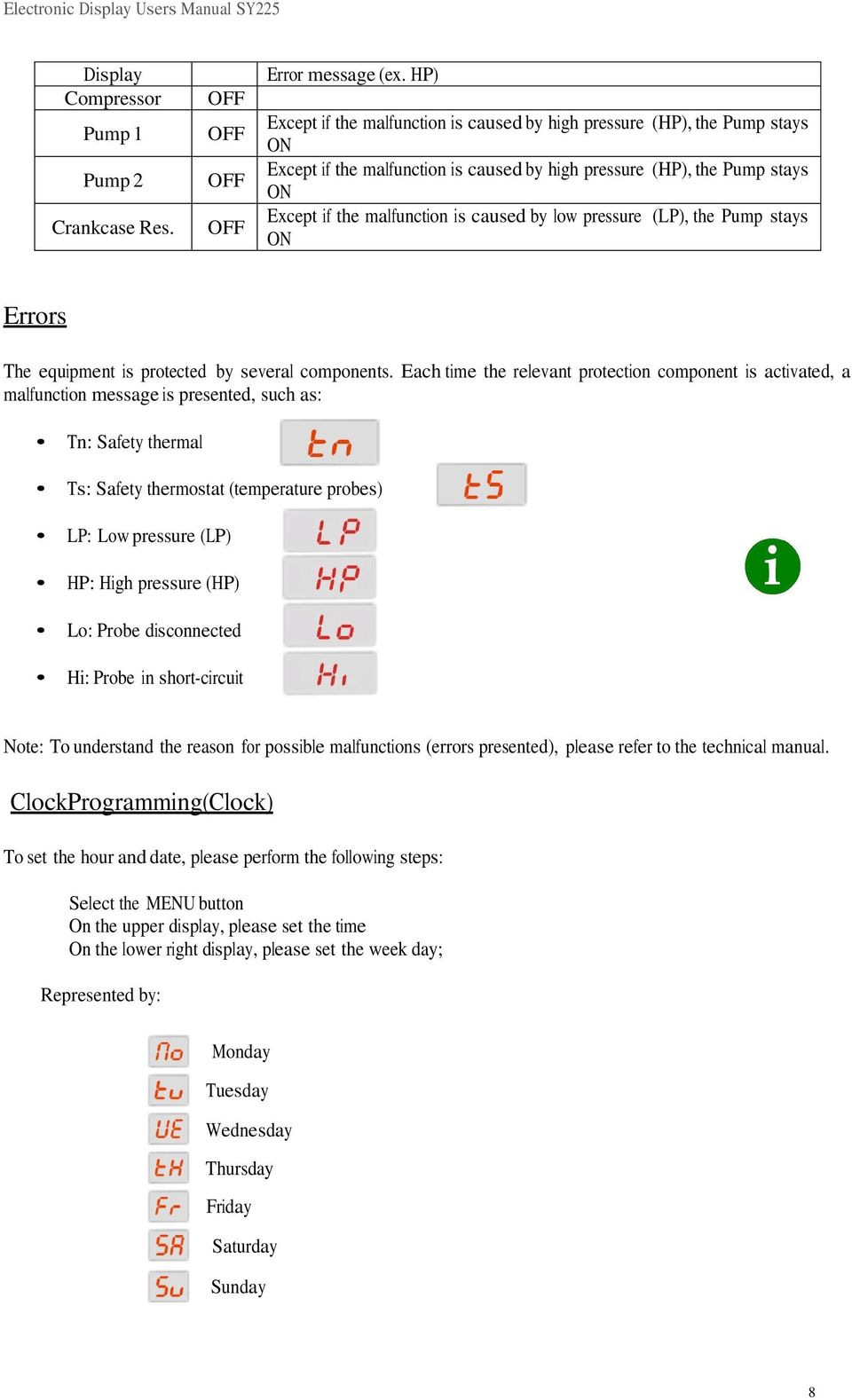 low pressure (LP), the Pump stays ON Errors The equipment is protected by several components.