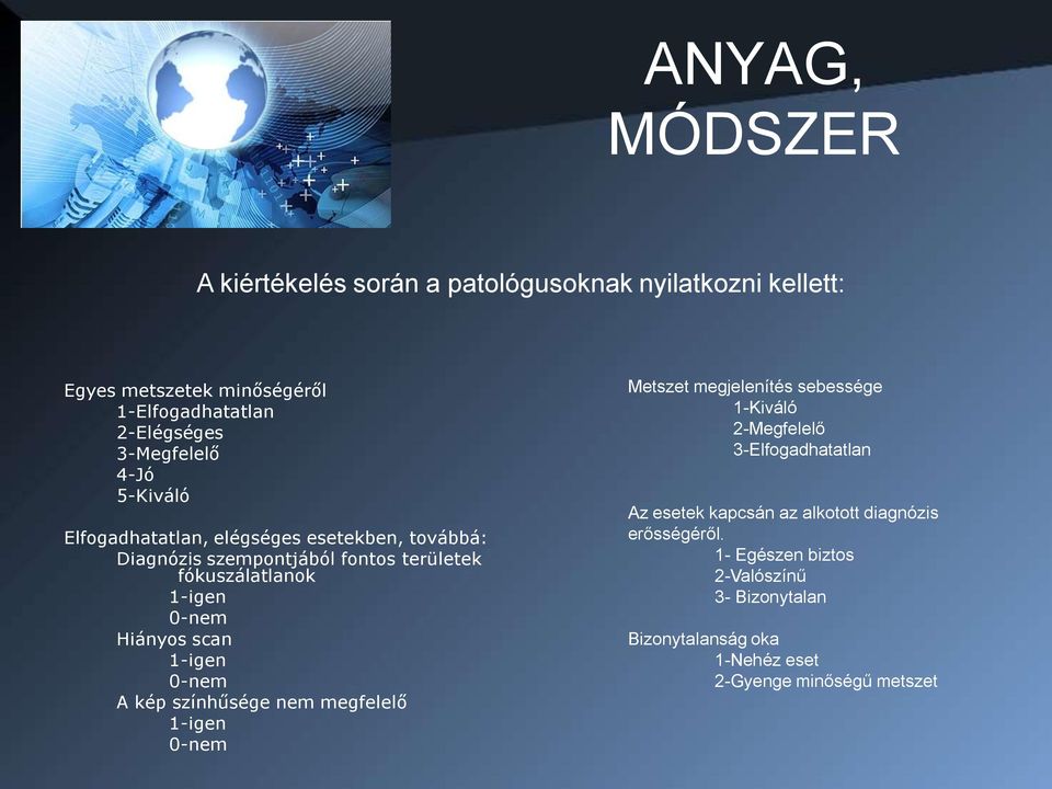 scan 1-igen 0-nem A kép színhűsége nem megfelelő 1-igen 0-nem Metszet megjelenítés sebessége 1-Kiváló 2-Megfelelő 3-Elfogadhatatlan Az esetek