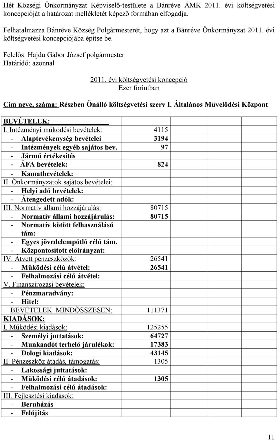 évi költségvetési koncepció Ezer forintban Cím neve, száma: Részben Önálló költségvetési szerv I. Általános Művelődési Központ BEVÉTELEK: I.