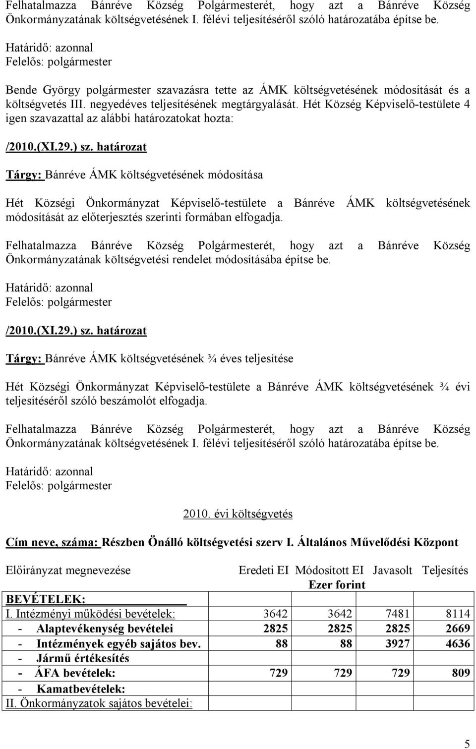 Hét Község Képviselő-testülete 4 igen szavazattal az alábbi határozatokat hozta: /2010.(XI.29.) sz.