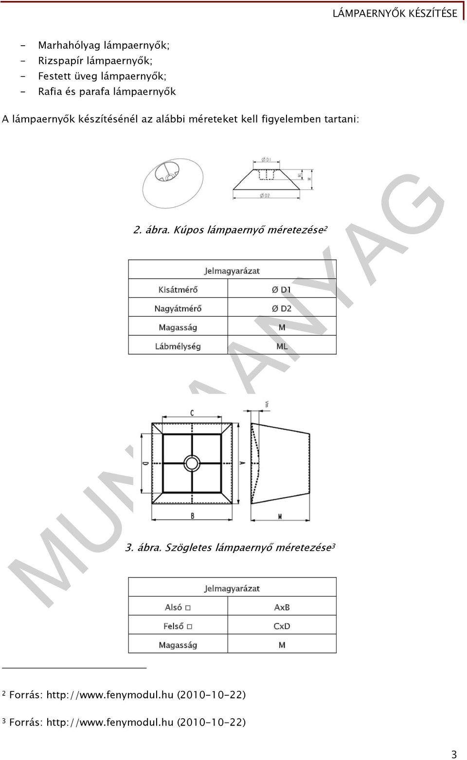 Kúpos lámpaernyő méretezése 2 Kisátmérő Nagyátmérő Magasság Lábmélység Jelmagyarázat Ø D1 Ø D2 M ML 3. ábra.