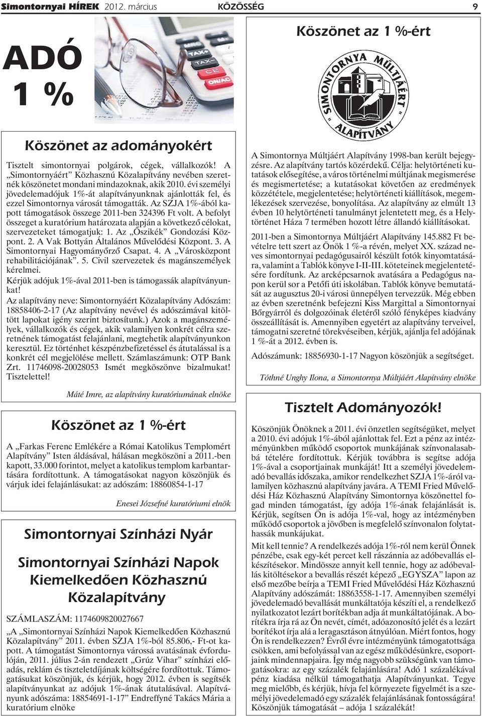 évi személyi jövedelemadójuk 1%-át alapítványunknak ajánlották fel, és ezzel Simontornya városát támogatták. Az SZJA 1%-ából kapott támogatások összege 2011-ben 324396 Ft volt.