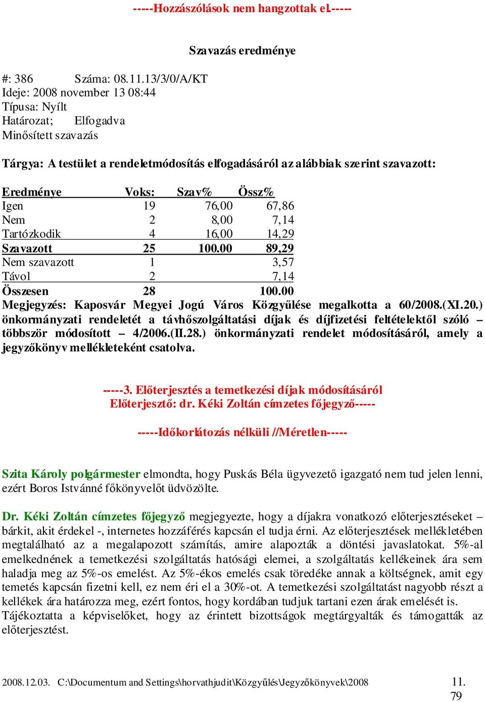 16,00 14,29 Szavazott 25 100.00 89,29 Nem szavazott 1 3,57 Megjegyzés: Kaposvár Megyei Jogú Város Közgyűlése megalkotta a 60/200