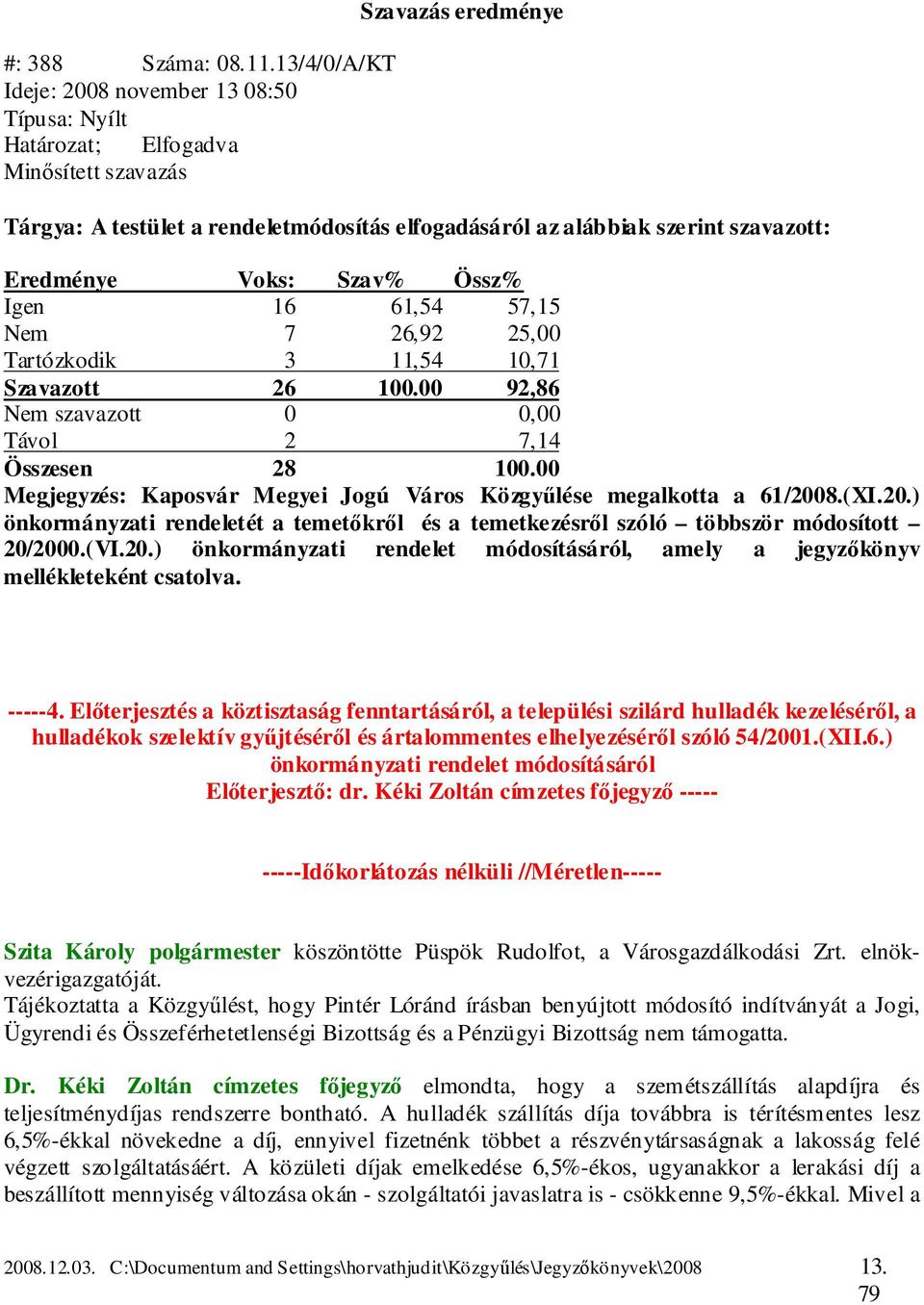 11,54 10,71 Szavazott 26 100.00 92,86 Nem szavazott 0 0,00 Megjegyzés: Kaposvár Megyei Jogú Város Közgyűlése megalkotta a 61/200