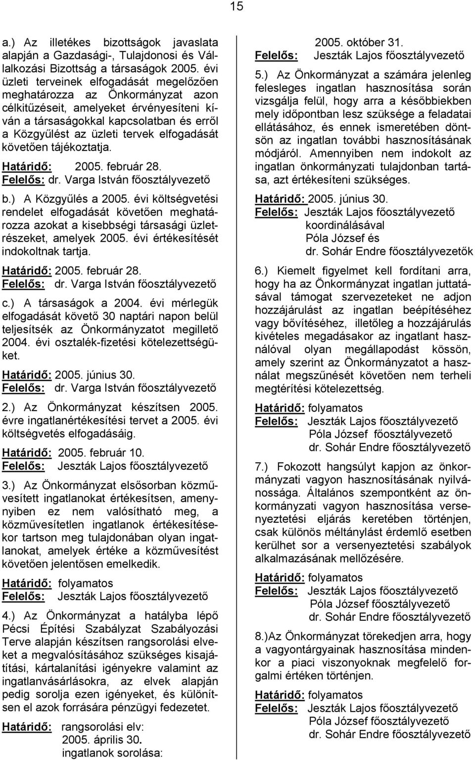 elfogadását követően tájékoztatja. Határidő: 2005. február 28. Felelős: dr. Varga István főosztályvezető b.) A Közgyűlés a 2005.