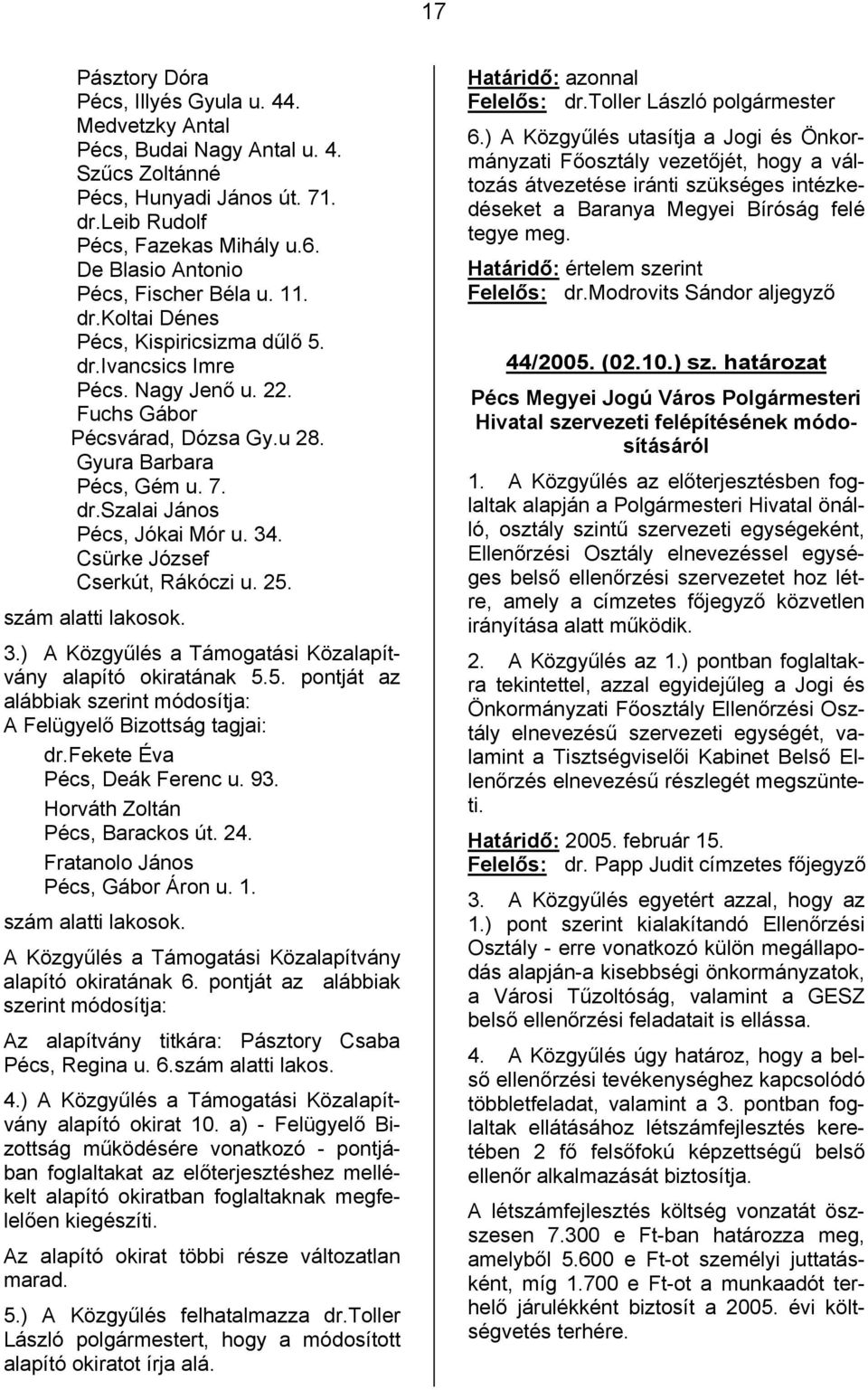 34. Csürke József Cserkút, Rákóczi u. 25. szám alatti lakosok. 3.) A Közgyűlés a Támogatási Közalapítvány alapító okiratának 5.5. pontját az alábbiak szerint módosítja: A Felügyelő Bizottság tagjai: dr.