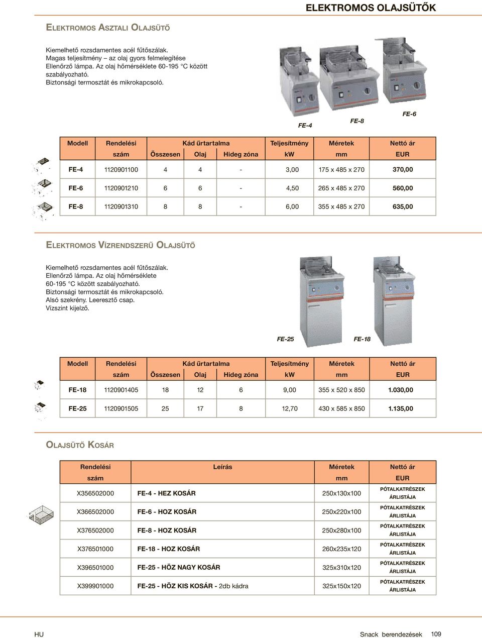 FE-4 FE-8 FE-6 Modell Rendelési Kád űrtartalma Teljesítmény Méretek Nettó ár szám Összesen Olaj Hideg zóna kw mm EUR FE-4 1120901100 4 4-3,00 175 x 485 x 270 370,00 FE-6 1120901210 6 6-4,50 265 x 485