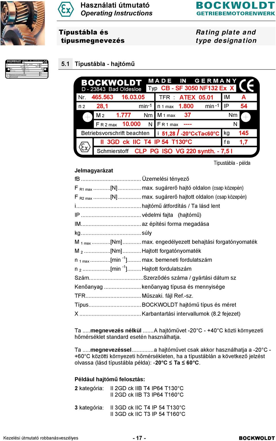 000 N F R 1 max ---- N Betriebsvorschrift beachten i 51,28 / -20 C<Ta<60 C kg 145 II 3GD ck IIC T4 IP 54 T130 C f B 1,7 Schmierstoff CLP PG ISO VG 220 synth. - 7,5 l Jelmagyarázat fb.