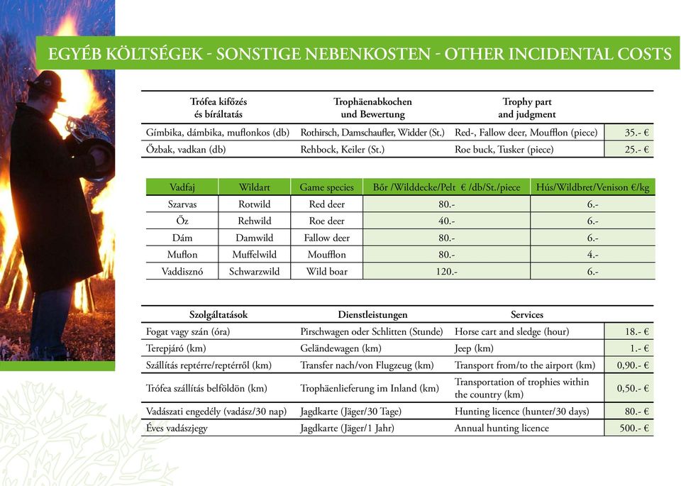 /piece Hús/Wildbret/Venison /kg Szarvas Rotwild Red deer 80.- 6.- Őz Rehwild Roe deer 40.- 6.- Dám Damwild Fallow deer 80.- 6.- Muflon Muffelwild Moufflon 80.- 4.- Vaddisznó Schwarzwild Wild boar 120.