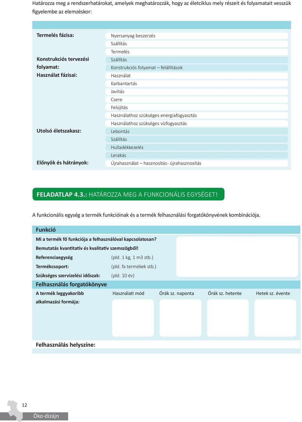 szükséges energiafogyasztás Használathoz szükséges vízfogyasztás Lebontás Szállítás Hulladékkezelés Lerakás Újrahasználat hasznosítás - újrahasznosítás FELADATLAP 4.3.