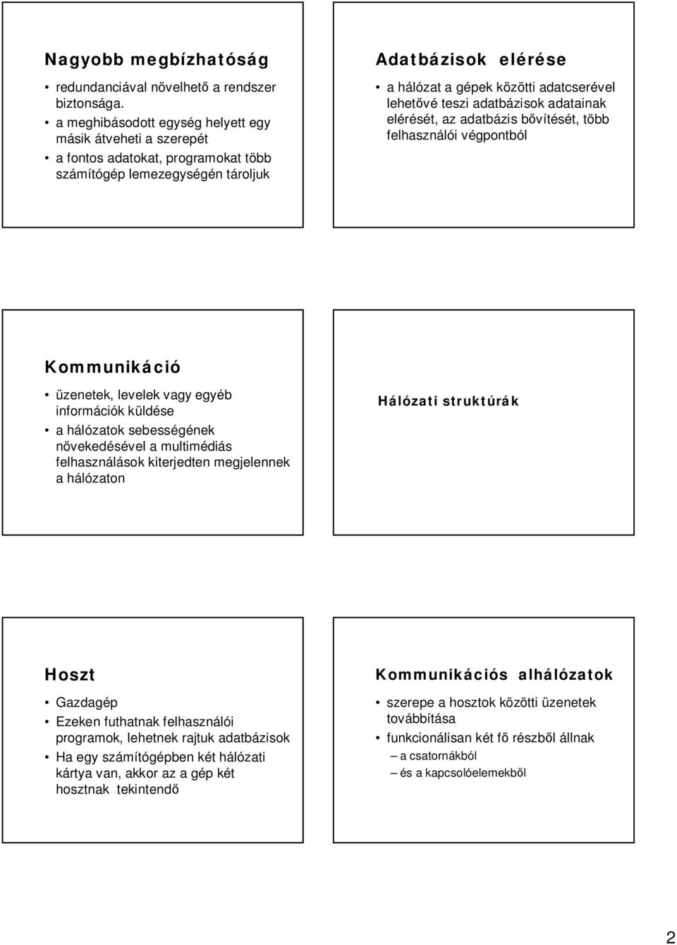 teszi adatbázisok adatainak elérését, az adatbázis b vítését, több felhasználói végpontból Kommunikáció üzenetek, levelek vagy egyéb információk küldése a hálózatok sebességének növekedésével a