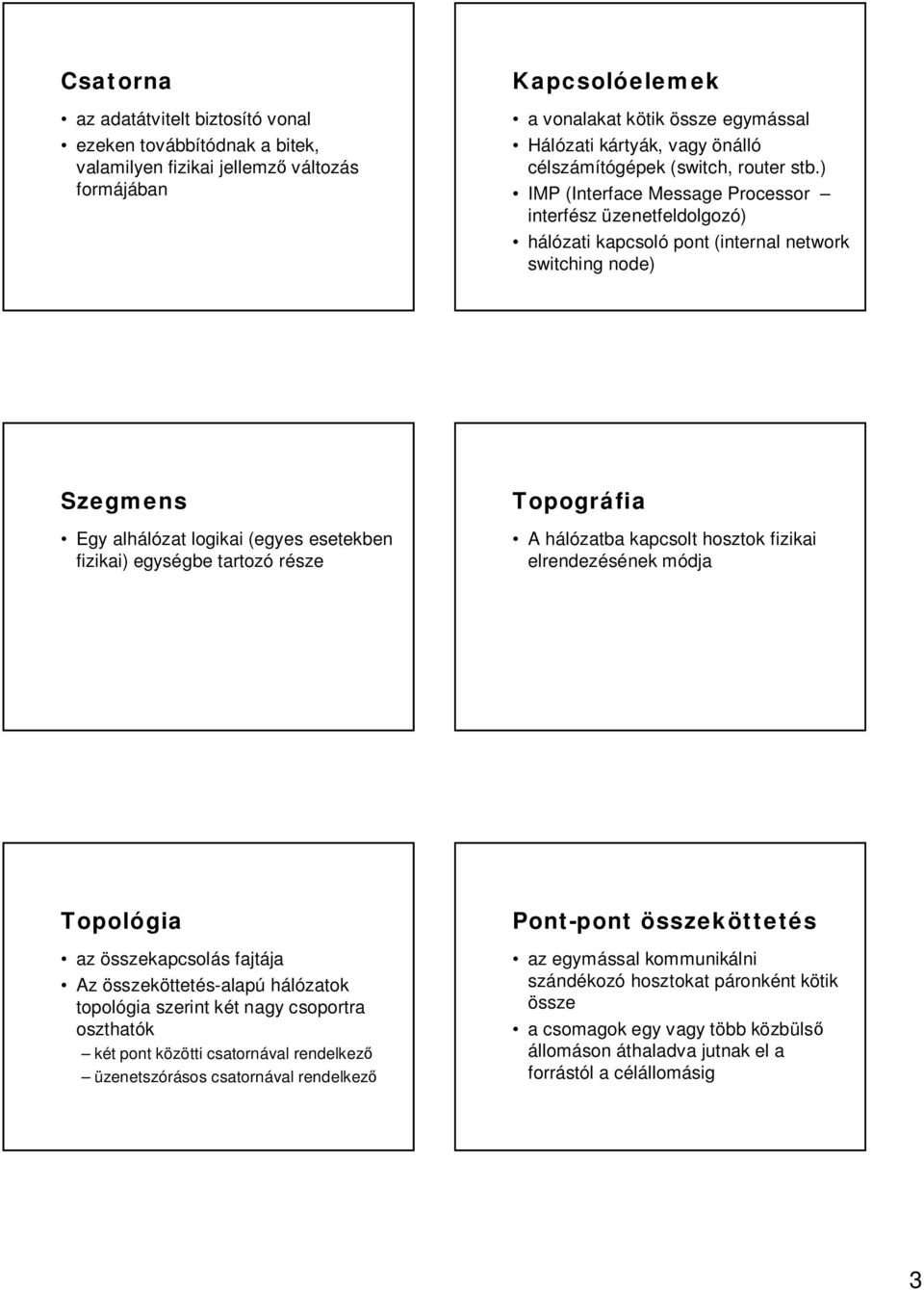 ) IMP (Interface Message Processor interfész üzenetfeldolgozó) hálózati kapcsoló pont (internal network switching node) Szegmens Egy alhálózat logikai (egyes esetekben fizikai) egységbe tartozó része