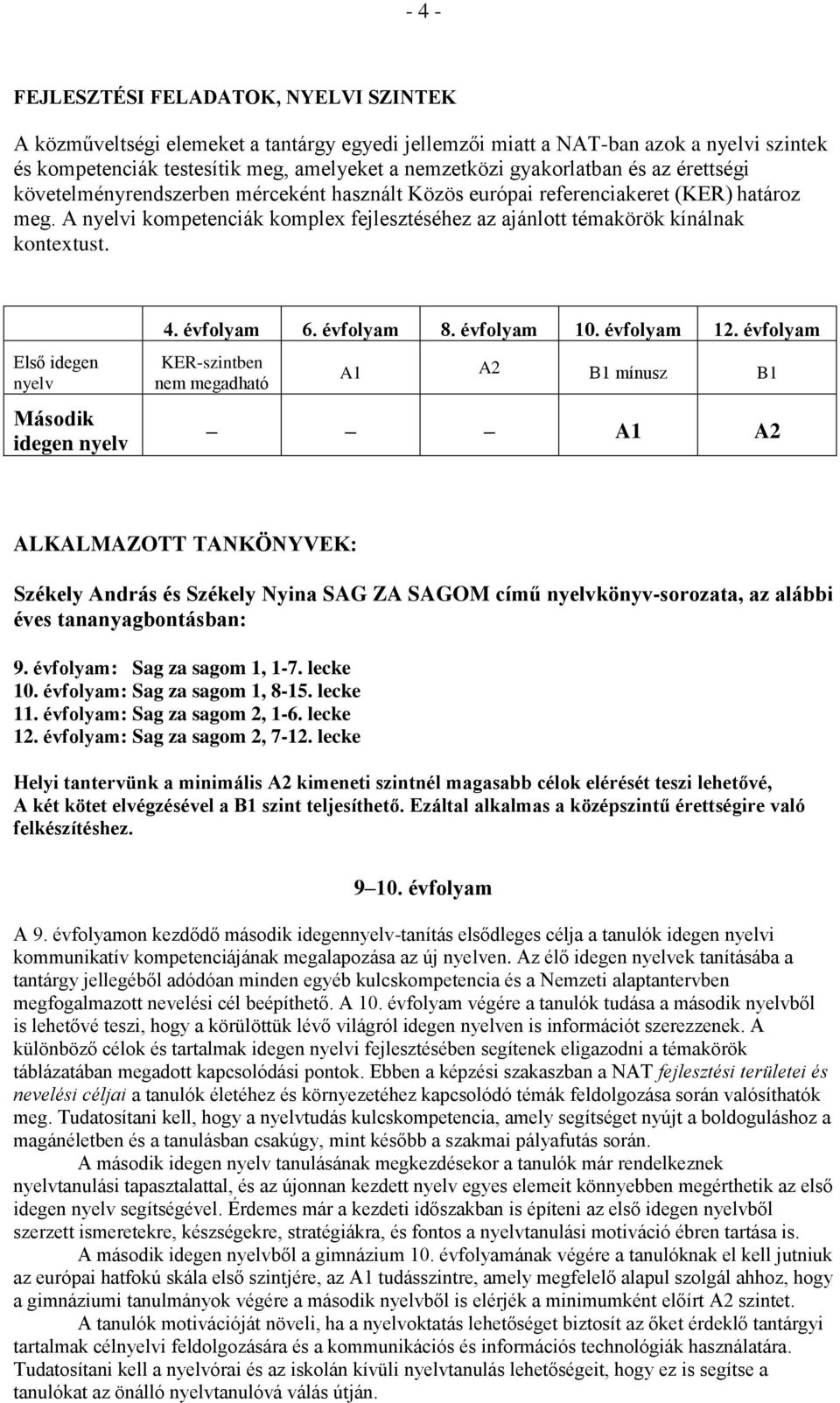 A nyelvi kompetenciák komplex fejlesztéséhez az ajánlott témakörök kínálnak kontextust. Első idegen nyelv Második idegen nyelv 4. évfolyam 6. évfolyam 8. évfolyam 10. évfolyam 12.