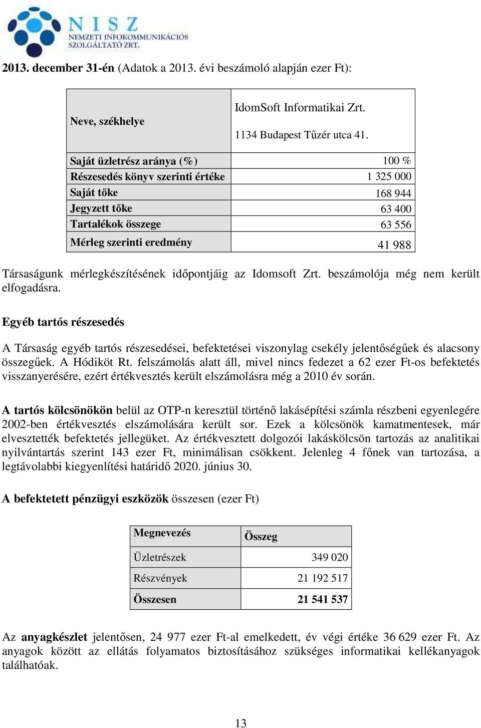 mérlegkészítésének időpontjáig az Idomsoft Zrt. beszámolója még nem került elfogadásra.