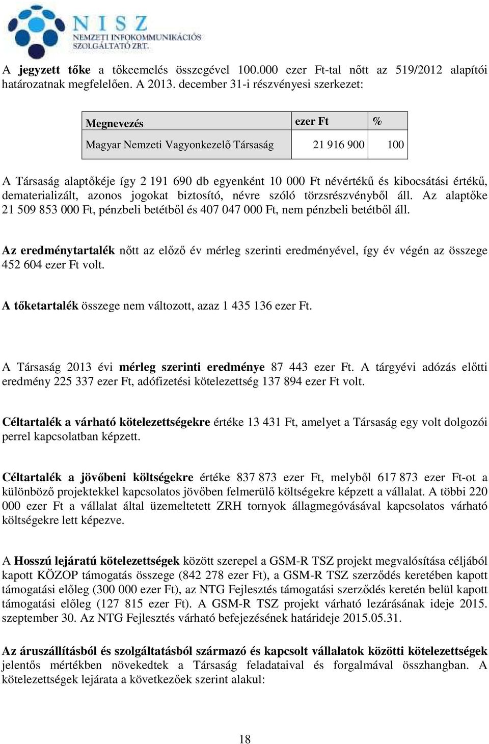 értékű, dematerializált, azonos jogokat biztosító, névre szóló törzsrészvényből áll. Az alaptőke 21 509 853 000 Ft, pénzbeli betétből és 407 047 000 Ft, nem pénzbeli betétből áll.