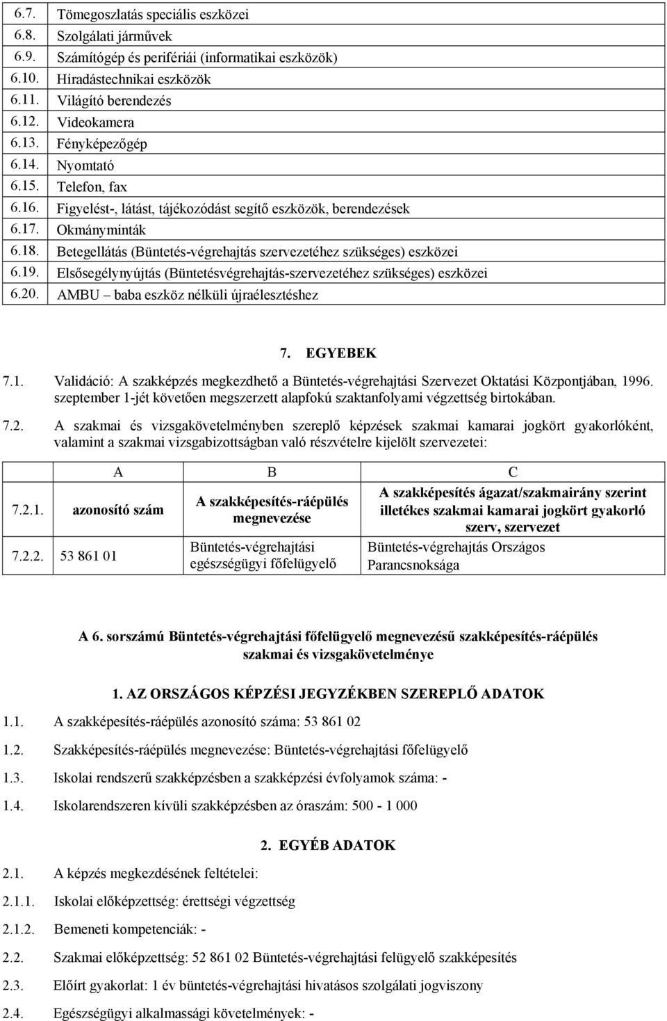 Betegellátás (Büntetés-végrehajtás szervezetéhez szükséges) eszközei 6.19. Elsősegélynyújtás (Büntetésvégrehajtás-szervezetéhez szükséges) eszközei 6.20. MBU baba eszköz nélküli újraélesztéshez 7.