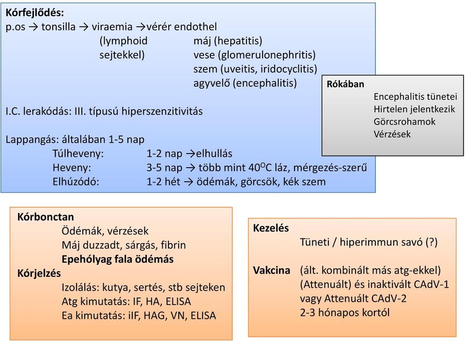 Encephalitis tünetei Hirtelen jelentkezik Görcsrohamok Vérzések Kórbonctan Ödémák, vérzések Máj duzzadt, sárgás, fibrin Epehólyag fala ödémás Kórjelzés Izolálás: kutya, sertés, stb sejteken Atg