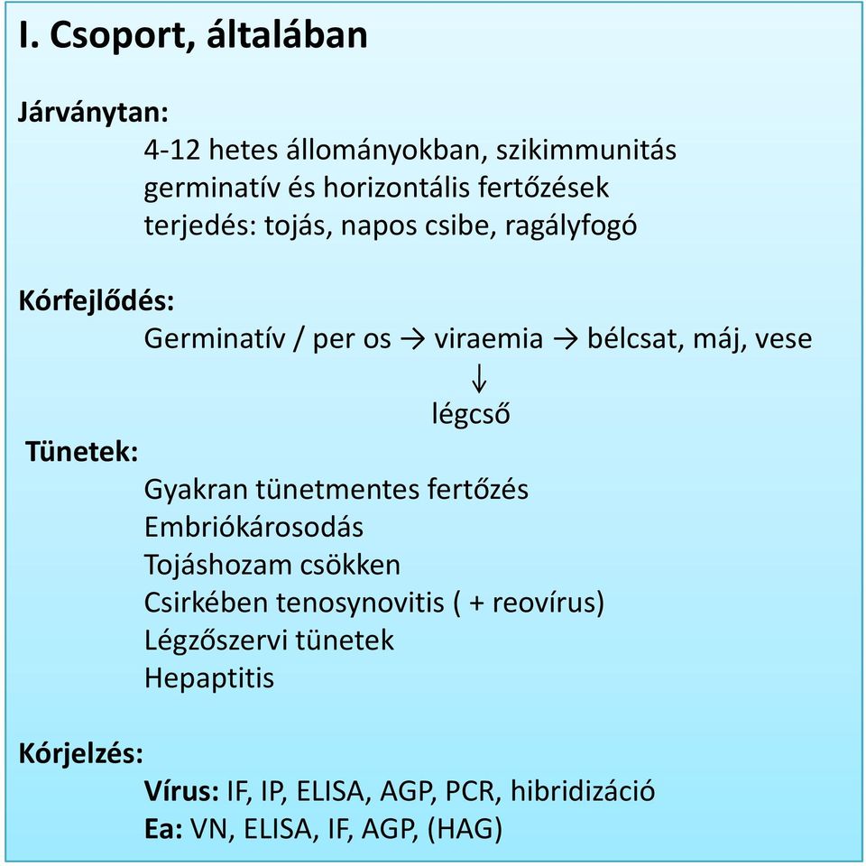 Tünetek: Gyakran tünetmentes fertőzés Embriókárosodás Tojáshozam csökken Csirkében tenosynovitis( + reovírus)