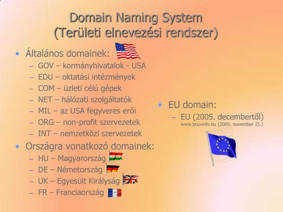 non-profit szervezetek INT nemzetközi szervezetek Országra vonatkozó domainek: HU Magyarország DE