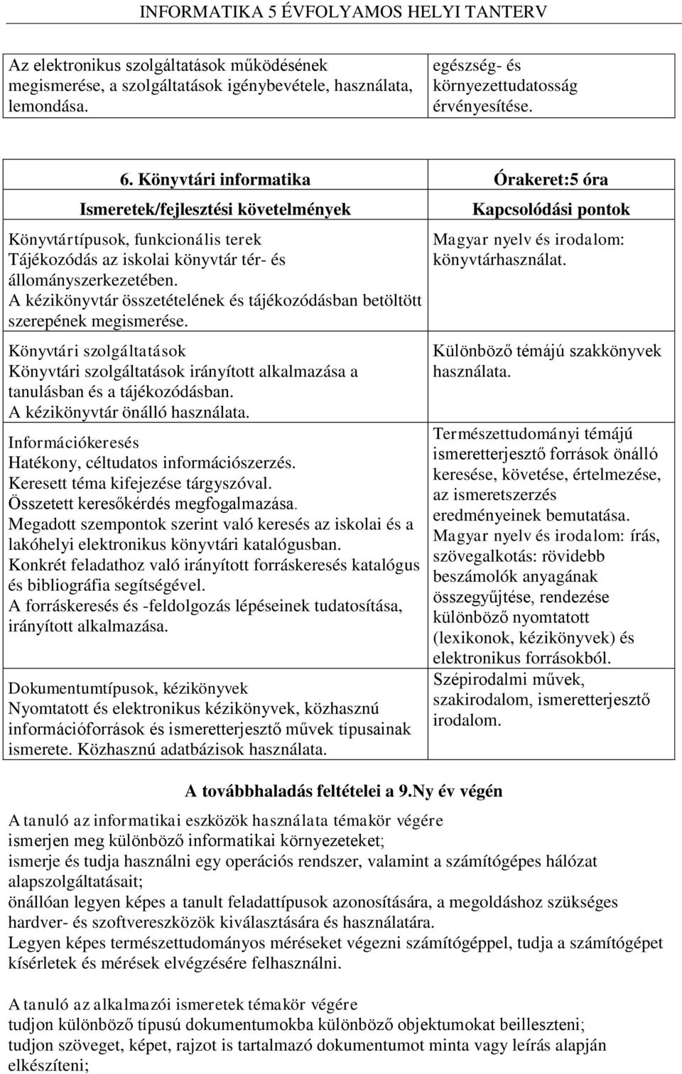 A kézikönyvtár összetételének és tájékozódásban betöltött szerepének megismerése. Könyvtári szolgáltatások Könyvtári szolgáltatások irányított alkalmazása a tanulásban és a tájékozódásban.