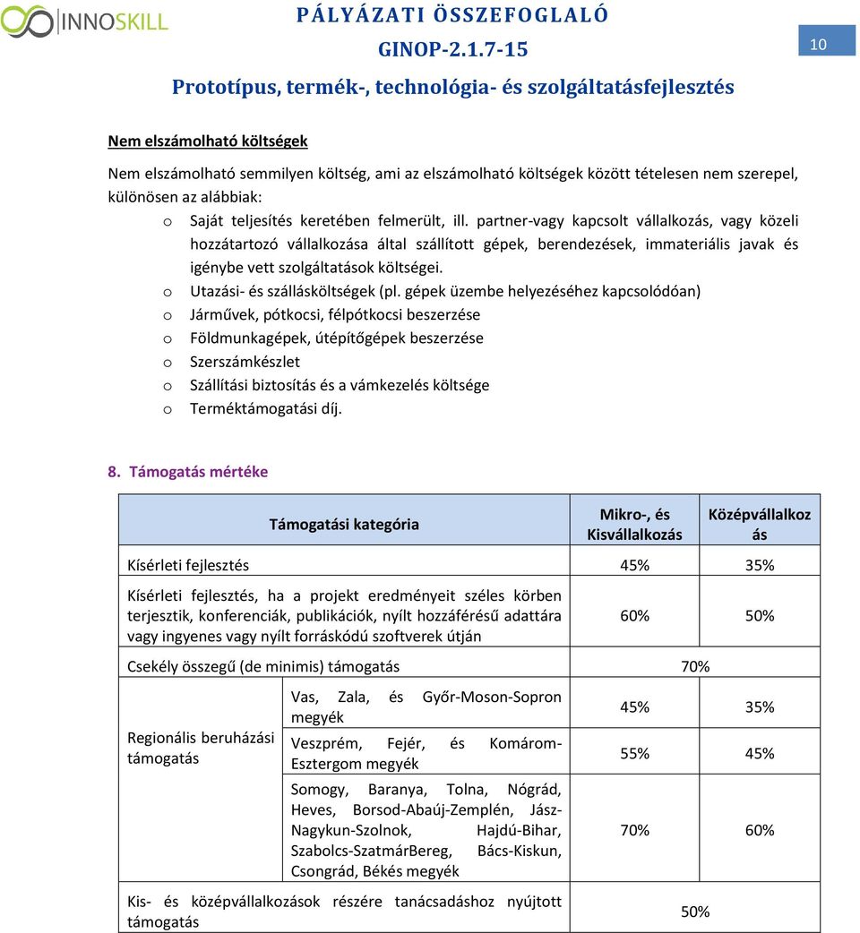 partner-vagy kapcslt vállalkzás, vagy közeli hzzátartzó vállalkzása által szállíttt gépek, berendezések, immateriális javak és igénybe vett szlgáltatásk költségei. Utazási- és szállásköltségek (pl.