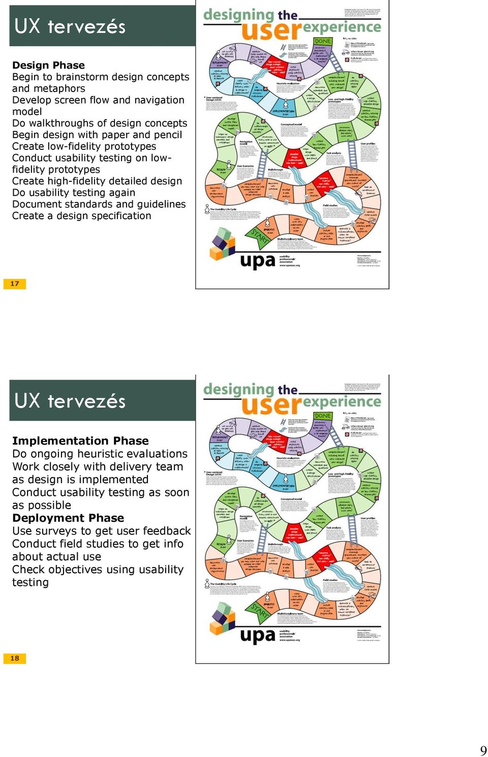 guidelines Create a design specification 17 UX tervezés Implementation Phase Do ongoing heuristic evaluations Work closely with delivery team as design is implemented Conduct