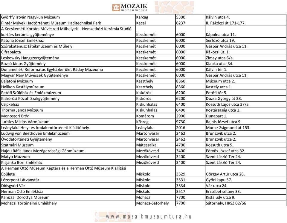 Szórakaténusz Játékmúzeum és Műhely Kecskemét 6000 Gáspár András utca 11. Cifrapalota Kecskemét 6000 Rákóczi út. 1. Leskowsky Hangszergyűjtemény Kecskemét 6000 Zimay utca 6/a.