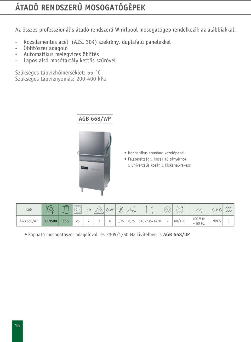 55 C Szükséges tápvíznyomás: 200-400 ka AGB 668/W Mechanikus standard kezelőpanel Felszereltség:1 kosár 18 tányérhoz, 1 univerzális kosár, 1