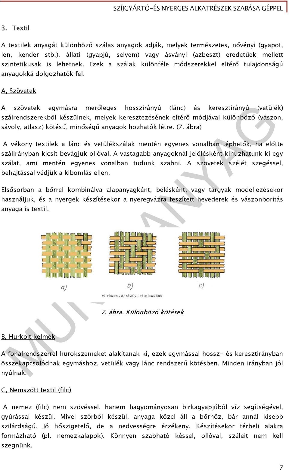 A, Szövetek A szövetek egymásra merőleges hosszirányú (lánc) és keresztirányú (vetülék) szálrendszerekből készülnek, melyek keresztezésének eltérő módjával különböző (vászon, sávoly, atlasz) kötésű,