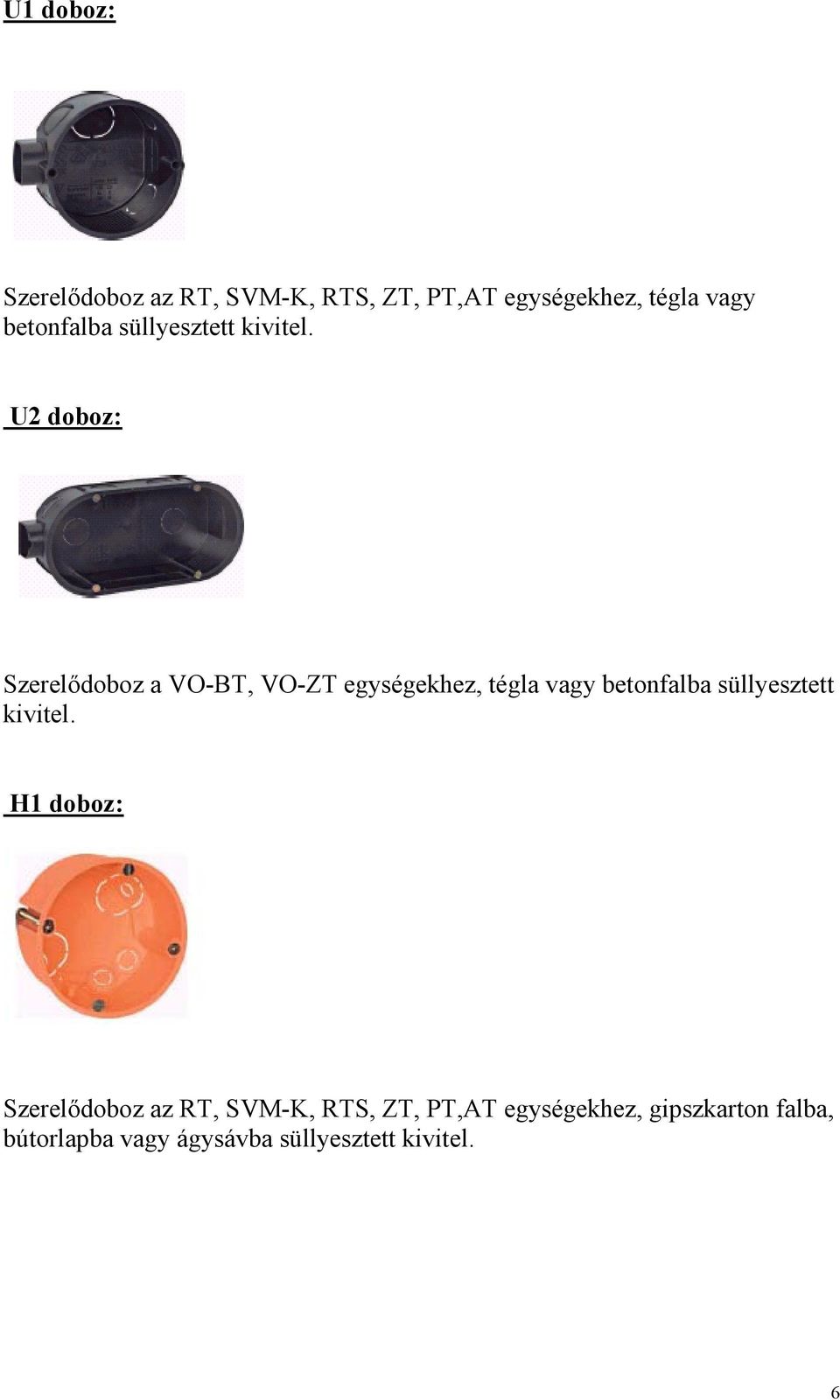 U2 doboz: Szerelődoboz a VO-BT, VO-ZT egységekhez, tégla vagy  H1 doboz: