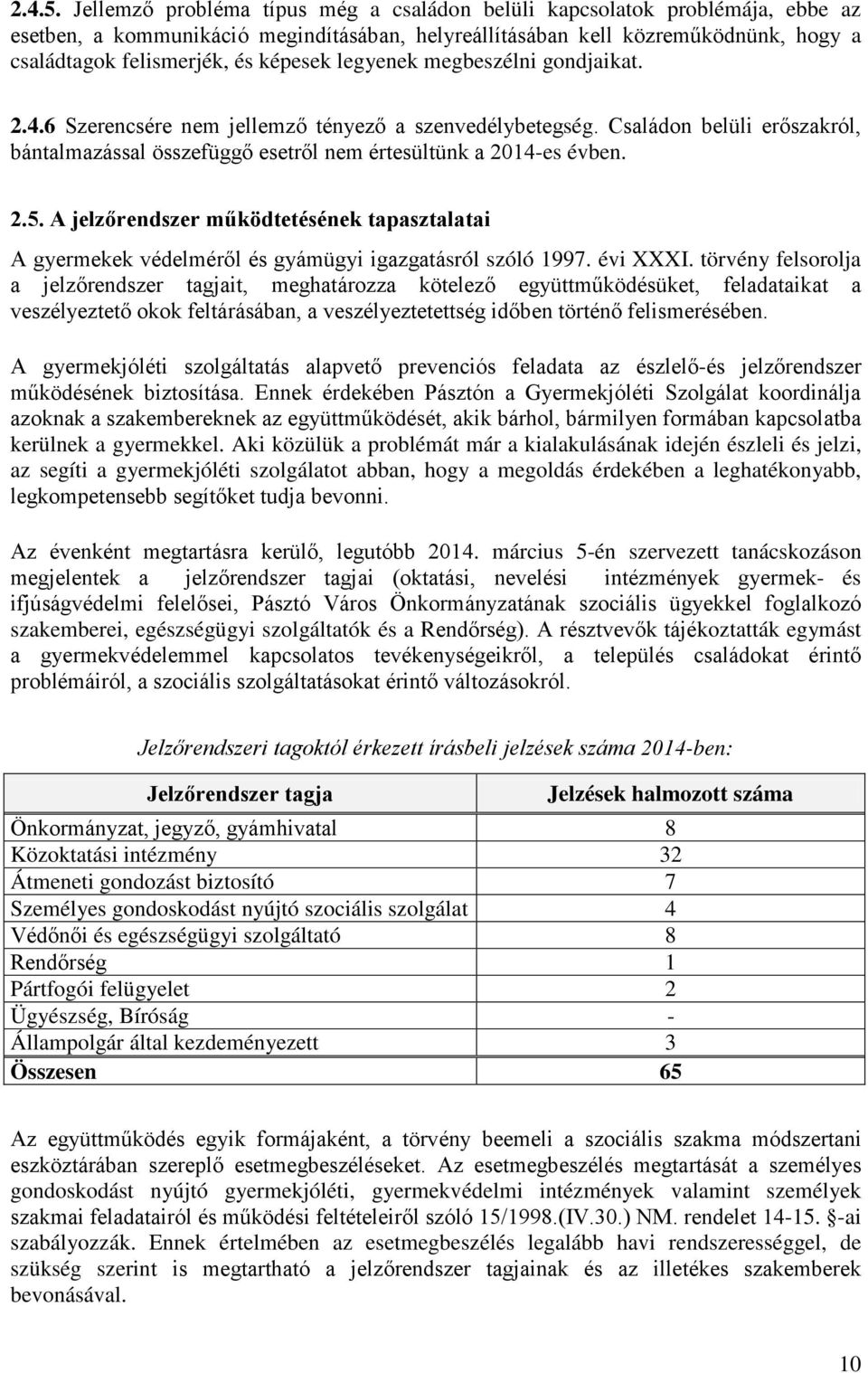 legyenek megbeszélni gondjaikat. 2.4.6 Szerencsére nem jellemző tényező a szenvedélybetegség. Családon belüli erőszakról, bántalmazással összefüggő esetről nem értesültünk a 2014-es évben. 2.5.